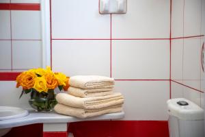 a pile of towels sitting on a counter in a bathroom at Stefanie Studios in Egina