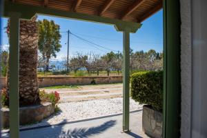 a view of a garden through a green door at Stefanie Studios in Egina