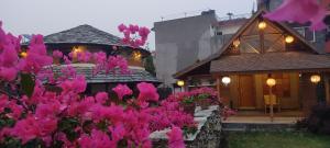 a house with pink flowers in front of it at Damaru Roundhouse stay in Pokhara