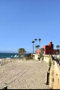 a sandy beach with palm trees and the ocean at Apartamento JÚPITER Vistas in Benalmádena