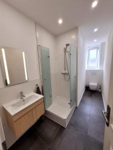 a bathroom with a shower and a sink at Süße Marie 17 in Karlsruhe