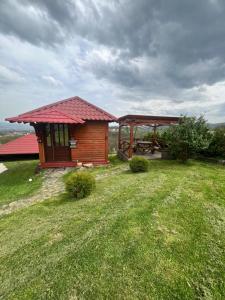 a small cabin with a gazebo in a field at Etno selo EKO POGLEDI in Požega