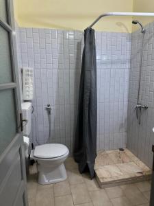 un baño con inodoro y ducha en Casa azul, en Mindelo