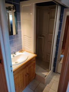 a bathroom with a sink and a shower at La maison du prieur in Langogne +1 photo