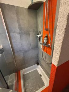 a small bathroom with a shower with a sink at Rez-de-jardin proche plage in Cavalaire-sur-Mer