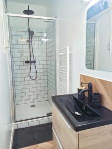 a bathroom with a shower with a sink and a mirror at Lumière dorée- Studio élégant-central in Hyères