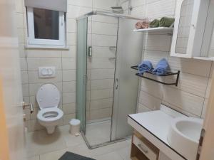 un bagno con doccia, WC e lavandino di Jozić Sobe Studio a Krk