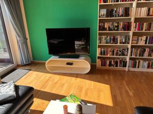 a living room with a television and book shelves at Ferienwohnung Allersberg beim Rothsee in Allersberg