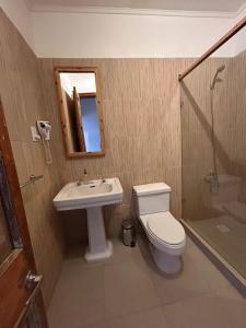 a bathroom with a toilet and a sink and a shower at Casa Antigua Bed and Breakfast Chile in Casablanca