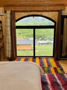 a bedroom with a large window with a rainbow rug at Wolfs Den Lepsa in Lepşa