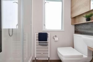 a bathroom with a shower and a toilet and a sink at Vacant Nests Seton Sands The Wentworth Wifi in Port Seton +26 photos