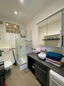 Un baño con ducha, lavabo e inodoro. en Studio Auteuil Suchet Paris, en París