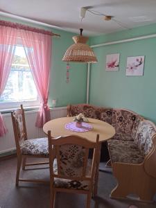 un salon avec une table et un canapé dans l'établissement Pension Kaufmann Ferienwohnung 2, à Oberwiesenthal