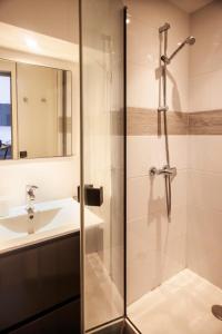une salle de bain avec douche et lavabo dans l'établissement Grand appartement, plein centre, à La Ciotat