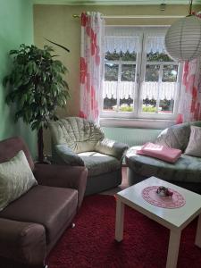 a living room with two couches and a table at Pension Kaufmann Ferienwohnung "Wolke 7" in Oberwiesenthal