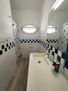 a white bathroom with a sink and a mirror at Villa dei Cavallucci Marini in Capoliveri