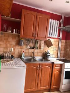 a kitchen with wooden cabinets and a sink at Mieszkanie do wynajęcia w Centrum in Olecko