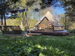 a teepee tent with a chair in the grass at Glamping under the pines in Vilnius