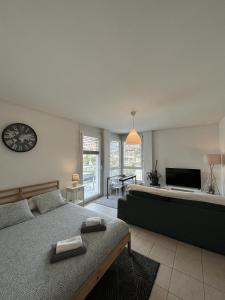 a bedroom with a large bed and a tv at Free Parking - Near the Lake - Lugano apartment in Paradiso