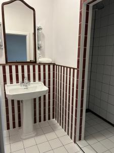 ein Badezimmer mit Waschbecken und Spiegel in der Unterkunft Pałac Pozorty in Pozorty + 95 Fotos