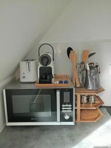 a microwave oven sitting on a shelf in a kitchen at Passage des arts - Vieux Lille - 2 personnes in Lille