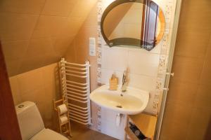 a bathroom with a sink and a toilet and a mirror at Tabakowa Chata in Zawoja +36 photos