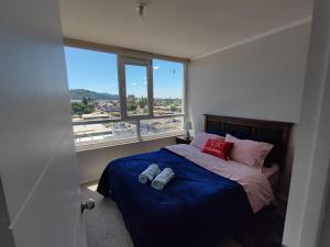 a bedroom with a bed and a large window at Acogedor departamento en Temuco in Temuco