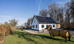a horse standing in front of a house at Au bout du bois in Jalhay