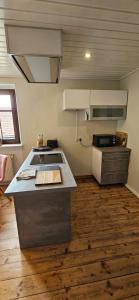 a kitchen with a stove and a counter top at Ferienwohnung Waldenburg Sachsen in Waldenburg +5 photos