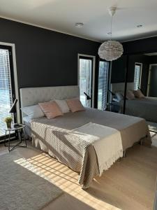 カヤーニにあるHuvilarannallaのピンクの枕が付いた大きなベッドのある寝室