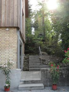a set of stairs next to a house with flowers at Bed and Breakfast Wegmann in Andelfingen