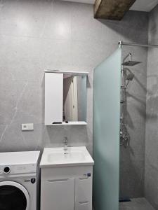 a bathroom with a sink and a washing machine at Cozy & Modern Studio in Tbilisi City