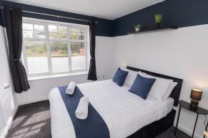 a bedroom with a bed with blue walls and a window at PARKING Luxe City Centre Sleeps 4 NEW in Wolverhampton