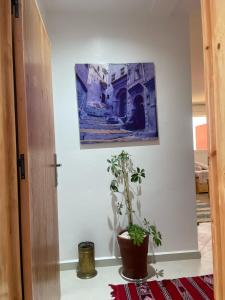 a room with a potted plant and a painting on the wall at Tamraght Bleu House in Tamraght Oufella +151 photos