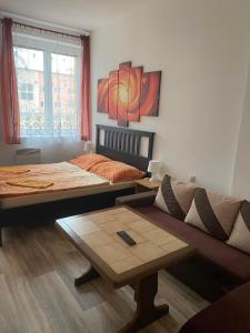 a living room with two beds and a couch at Apartmány Sluníčko in Nová Bystřice