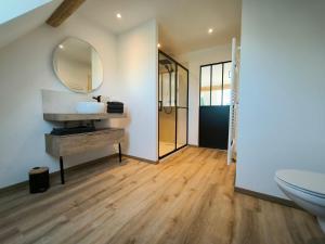 Un baño con un lavabo y un espejo en la pared. en Gîte Champagne Philippe Moutardier - Chambre Réserve, en Chézy-sur-Marne