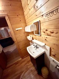 a bathroom with a sink in a wooden cabin at Domki z basenem & kajaki u Krysi in Borne Sulinowo +14 photos