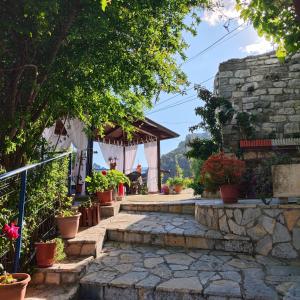un passaggio pedonale con piante in vaso e un muro di pietra di Kurti Apartment Old Town a Berat