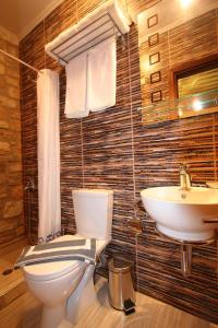 La salle de bains est pourvue de toilettes et d'un lavabo. dans l'établissement Hagiati Guesthouse, à Ioannina