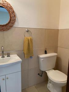 a bathroom with a toilet and a sink and a mirror at Buen Descanso 2 in San Pedro +8 photos