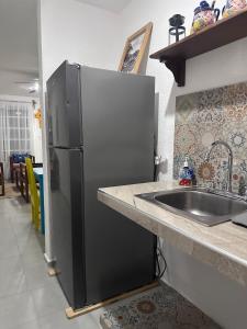 a kitchen with a stainless steel refrigerator next to a sink at Casa Flamboyán in Santa Bárbara