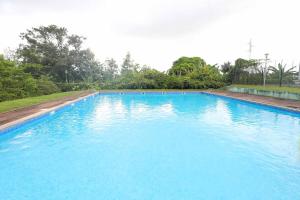 Una gran piscina azul con árboles al fondo. en Madeleine Garden Pool Parking Wifi Netflix, en Cayenne
