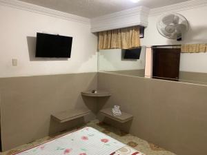 ein Bad mit WC und ein TV an der Wand in der Unterkunft HOTEL DEl PARQUE in Buga