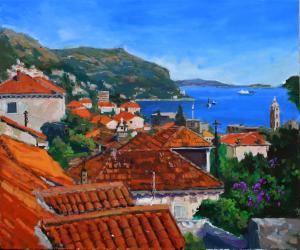 une peinture d'une ville aux toits rouges et à l'eau dans l'établissement Turtle Apartments, à Dubrovnik
