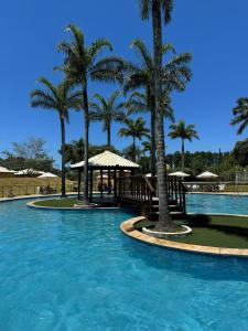 a large swimming pool with palm trees and umbrellas at Casa em Condomínio em Mangaratiba in Mangaratiba