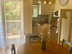 a kitchen with a table with a vase of flowers on it at Joli F2 avec balcon, parking et proche Thermes - FR-1-703-213 in Amélie-les-Bains-Palalda +3 photos