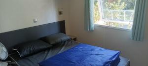 Un dormitorio con una cama con una sábana azul. en Mobil Home La Palmyre, en Les Mathes 19 fotos más