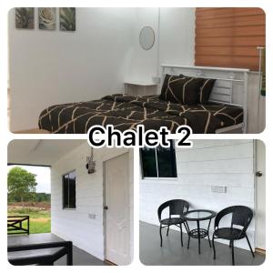 a bedroom with a bed and two chairs and a table at Chalet Al-Fateh Lubok China in Lubuk Cina