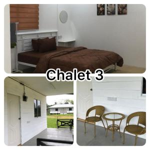 a room with a bed and a table and chairs at Chalet Al-Fateh Lubok China in Lubuk Cina