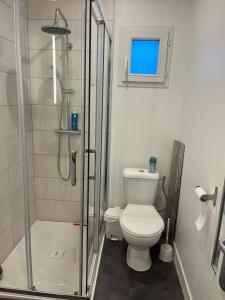 a bathroom with a toilet and a glass shower at Le Chalet Beach Access 8 Pers in Gruissan